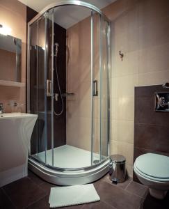 普利特维采湖金湖酒店的带淋浴、卫生间和盥洗盆的浴室