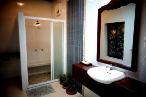 Ban Khon萨拉多恩科恩酒店的一间带水槽、淋浴和镜子的浴室
