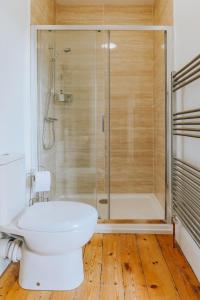 圣奥斯特尔Ivy House Cornwall B&B的一间带卫生间和玻璃淋浴间的浴室