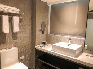 桃园市城市商旅桃园车馆的一间带水槽、卫生间和镜子的浴室