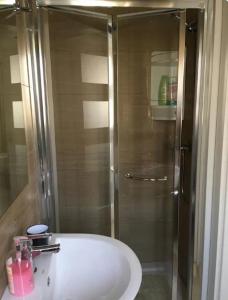彭布罗克Pembroke Suites的带淋浴和白色盥洗盆的浴室