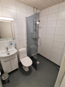 拉赫Forenom Aparthotel Raahe的带淋浴、卫生间和盥洗盆的浴室