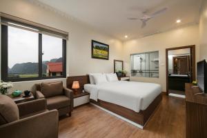 宁平Tam Coc Holiday Hotel & Villa的一间卧室配有一张床、一张沙发和一台电视。