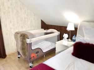 胡根尔舍姆Baden Airpark Family Apartment的卧室内的婴儿床,带一张床