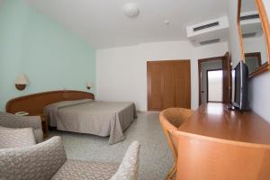 圣多米诺伊登酒店的一间卧室配有一张床和一张书桌及电视