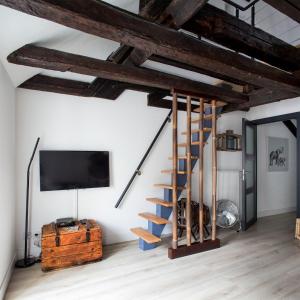 科尔马昂热公寓的一间带楼梯和电视的客厅