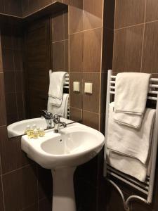 韦林格勒Hotel Panorama Velingrad的浴室配有盥洗盆、镜子和毛巾