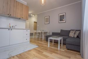 比亚韦斯托克CR Apartament w sercu miasta Lipowa 1的客厅以及带沙发和桌子的厨房。