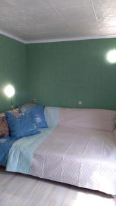 DemidovГостевой таунхаус的一张大床,位于一个绿色的墙壁内