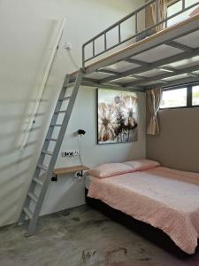 马六甲Orchard Villa Melaka的一间卧室配有一张双层床和梯子