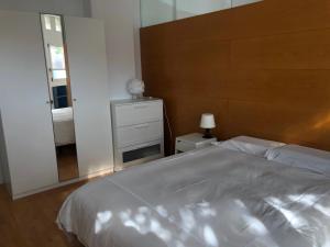 阿利坎特Estudio acogedor renfe的卧室配有一张白色大床和镜子