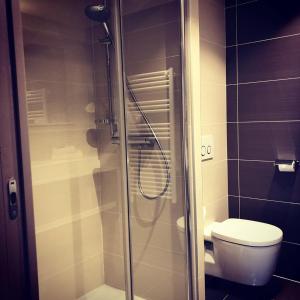 巴波姆拉派克斯酒店的一间带卫生间和玻璃淋浴间的浴室