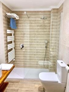 桑托多明戈德锡洛斯特雷斯考劳纳斯德斯络斯酒店的一间带卫生间和玻璃淋浴间的浴室