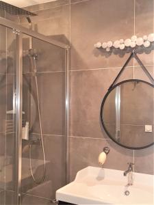 图尔Guest house " Gîte L'ATELIER DU 6"- calme - jardin的带淋浴、盥洗盆和镜子的浴室