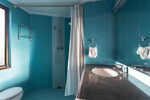 加德满都斯塔帕拉瓦亚布公寓酒店 的蓝色的浴室设有水槽和淋浴