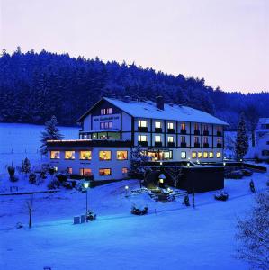Grasellenbach加斯巴赫塔尔酒店的一座大建筑物,在晚上下雪
