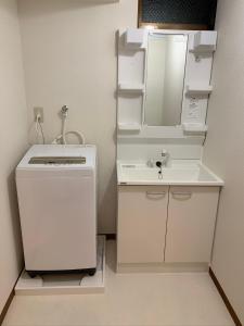 鹿儿岛ガナダン中央駅 1f 無料駐車場的白色的浴室设有水槽和镜子