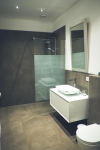 慕尼黑Stylisch eingerichtete Wohnung mitten in München!的一间带水槽、淋浴和卫生间的浴室