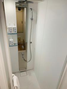 大阪WELLSTAY Honmachi的带淋浴的浴室和玻璃门