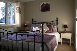 海尔舍姆Golden Cross Holiday Park的一间卧室配有一张带紫色床单的床和窗户。