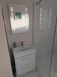SkeabostPoachers Bothy的浴室配有白色水槽和淋浴。