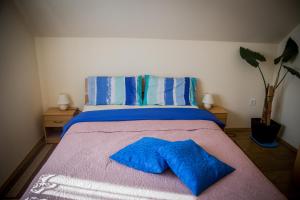 图赫尔斯克利普利采Apartmani Huško的一张带两个蓝色枕头的床铺,放在粉红色的毯子上