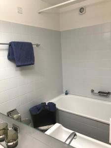 达沃斯Chalet Studio - Top Ausstattung - beste Lage Davos的浴室配有盥洗盆和浴缸。