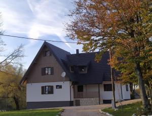 PrijebojPlitvice Streaming的黑屋顶的棕色和白色房子