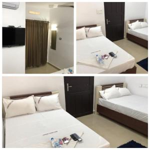 古鲁瓦尤尔LAKSHMI TOURIST HOME的配有2张床的酒店客房的3张照片