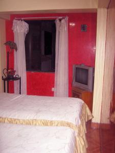 库斯科Hospedaje Pumacurco Betty的一间卧室配有两张床和电视