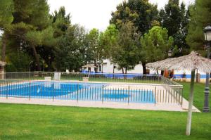 代米耶尔代米厄尔埃尔科提约酒店的一个带遮阳伞和草地的大型游泳池