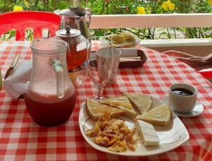 圣拉菲尔ESTACION PARAISO DE DANTAS的红白格子桌子上的一盘食物