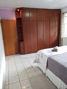 弗洛里亚诺波利斯Hostel Equilíbrio的一间卧室配有一张床和木制橱柜