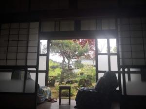 Sabae田舎生活体験福井県観光者向け古民家的一间窗户的房间,俯瞰着一棵树