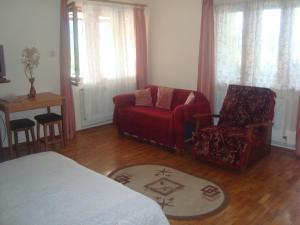 Oeștii UngureniPensiunea Nicky的客厅配有红色的沙发和椅子