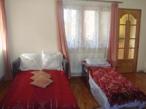Oeștii UngureniPensiunea Nicky的一间卧室设有两张床和窗户。
