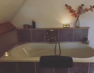 耶尔瑟克Bed & breakfast Yerseke的带浴缸的浴室,花瓶