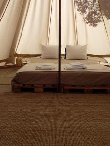蒙塔吉尔Monte da Tojeirinha的帐篷内的一张床位,上面有两个枕头