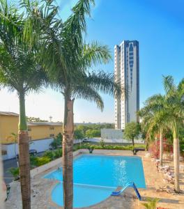 伊瓜苏伊瓜苏公寓的一座棕榈树游泳池和一座建筑