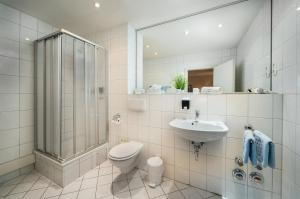 赖恩海姆苏尼贝尔旅馆的带淋浴、卫生间和盥洗盆的浴室