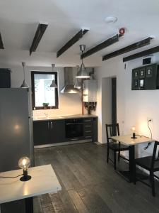 蒂米什瓦拉Passpartout Hostel的厨房配有桌子、两把椅子和冰箱