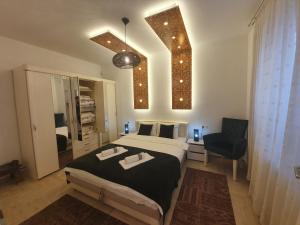 萨拉热窝Golden Gate Apartment Sarajevo的一间卧室配有一张大床和一把椅子