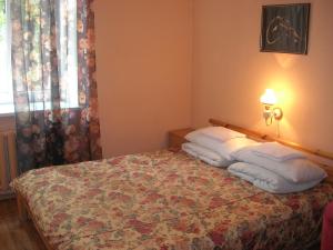 里加Central Park Rooms的卧室配有带枕头的床铺和窗户。
