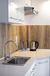 科沙林Pokoje Gold Centrum的厨房柜台配有水槽和水壶