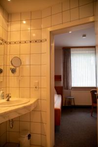 埃梅尔斯豪森Hotel Waldfrieden的酒店客房设有带水槽的浴室和一张床