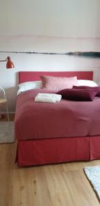 格拉茨Red flat by GrazRentals direct by University & free parking的一张红色的床,上面有两个枕头
