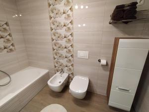 多莱尼斯凯托普利采Apartmaji Maln的浴室配有卫生间、浴缸和水槽。