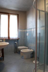 龙科拉Portola la vecchia dimora的浴室配有卫生间、盥洗盆和淋浴。