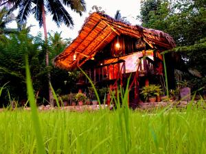 达瓦拉维Aliya Riverside & Safari Resort的田野上茅草屋顶的小房子