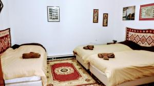 特里卡拉Trikala Apartments的白色墙壁客房的两张床